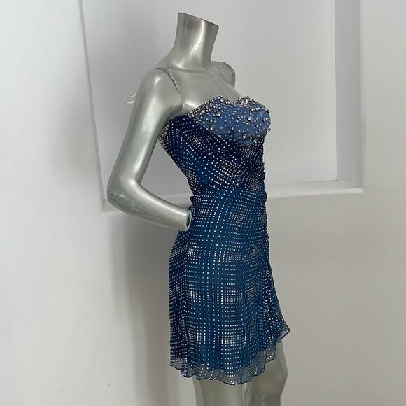 Interlude Couture Collection Strapless Beaded Silk Blue Mini Dress Size 8 - Picture 3 of 14